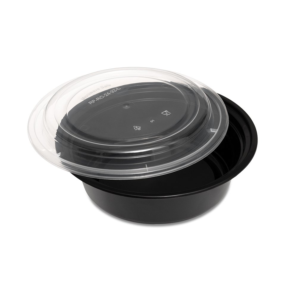 32oz round black base MW containers 150 set