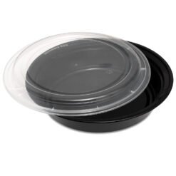 48oz round black base containers+lids 150 set