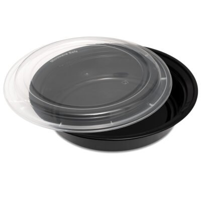 48oz round black base containers+lids 150 set